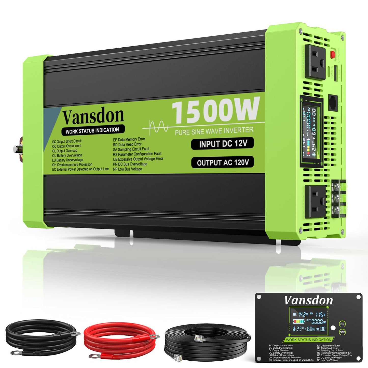 Vansdon 1500W Pure Sine Wave Inverter 12V DC to 120V AC Power Inverters for RV,Truck, Vehicles, Solar, Off-Grid, Car Power Inverter with LCD Display, 2 AC Outlet, 30W USB-C, 5V 2.1A USB, Surge 3000W