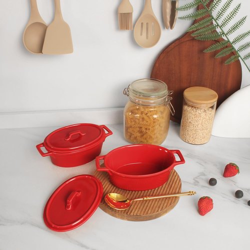 Ceramic Mini Oval Cocotte Set - 10 Ounce Casserole Dishes with Lids & Handles | Red, Oven & Microwave Safe