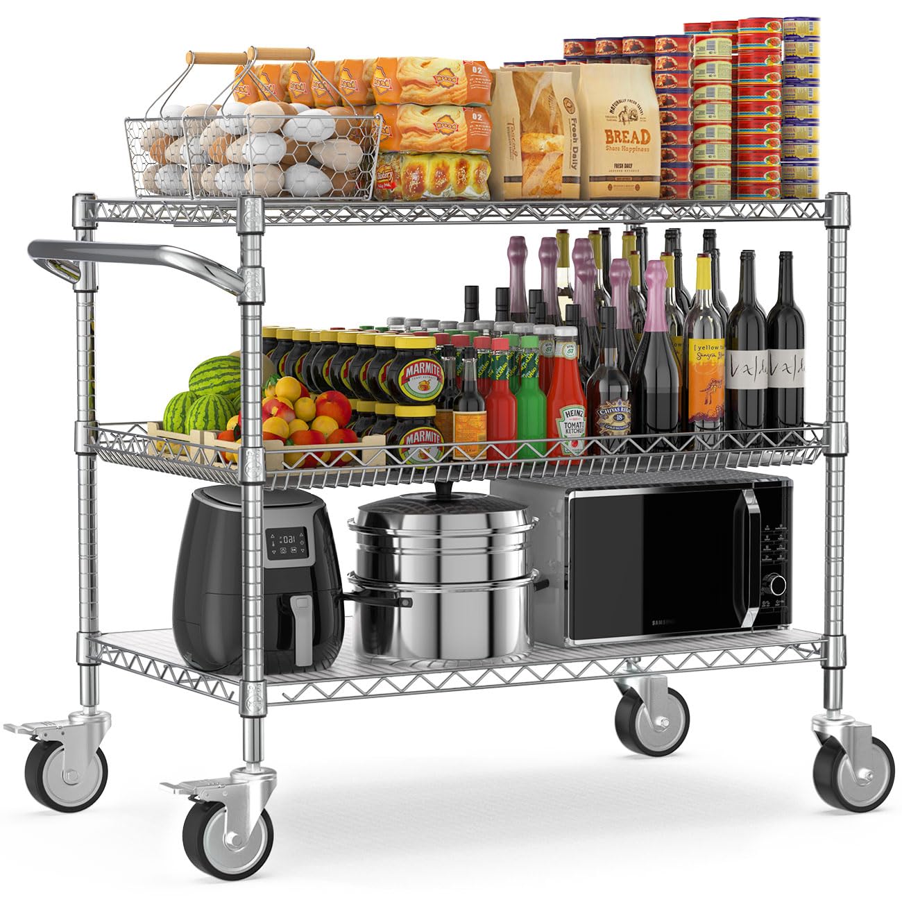 Leteuke Heavy Duty Rolling Utility Cart, 45 Inch Kitchen Carts with Wheels, NSF Commercial Grade with Handle & Shelf Liners, 1120LBS Storage Cart for Kitchen,Restaurant,Plant Display-Chrome