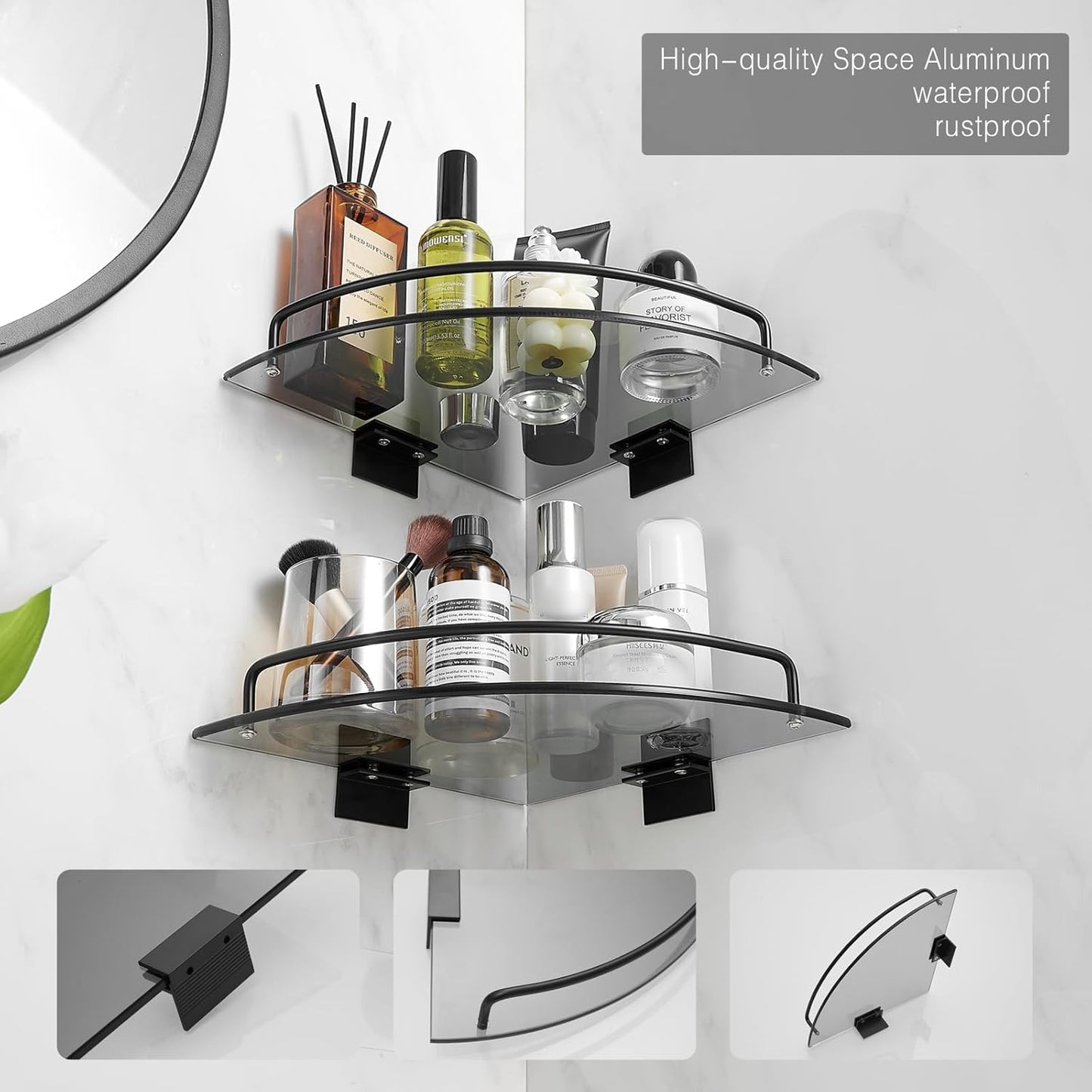 2 Pack Voldra Glass Corner Shower Caddy, Adhesive Corner Shower Shelves for Inside Shower No Drilling, Tempered Glass
