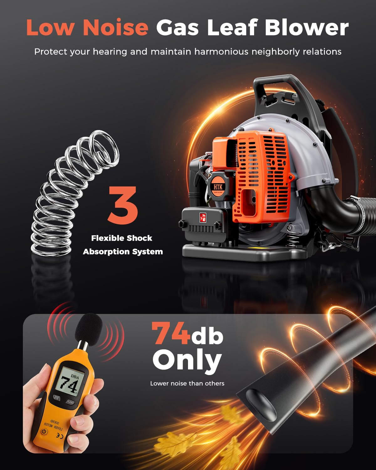 HTK Backpack Blower, 63CC Gas Powered Leaf Blower with 665 CFM & 205 MPH for Commercial Lawn Care, Yard Debris & Snow Removal (Orange)