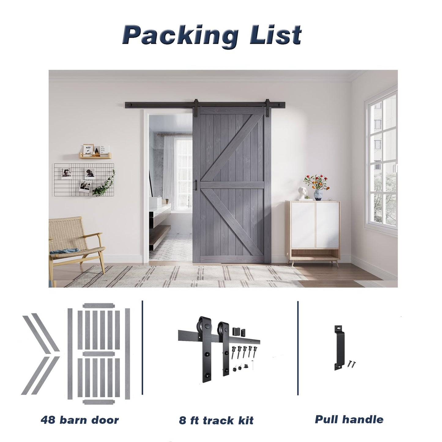 FREDBECK 48in x 96in Gray Wood Barn Door Slab with 8ft (96inch) Barn Door Hardware Track Kit Included, Double Surfaces,Simple Assembly is Required,K-Frame,Grey