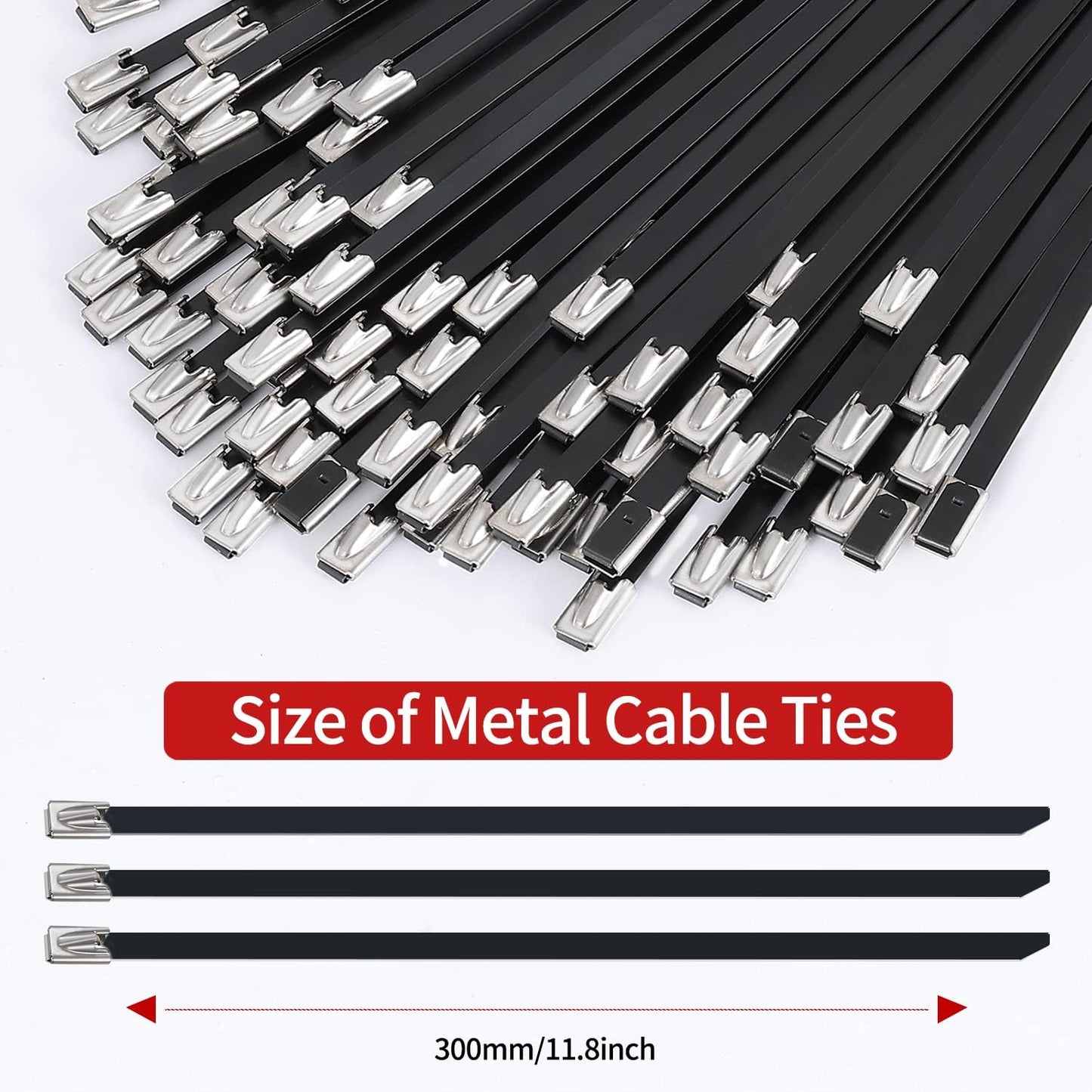100pcs 11.8 inch 304Stainless Metal Zip Ties black steel Epoxy Coated Cable Tie Multi-purpose Self-locking Cable Ties