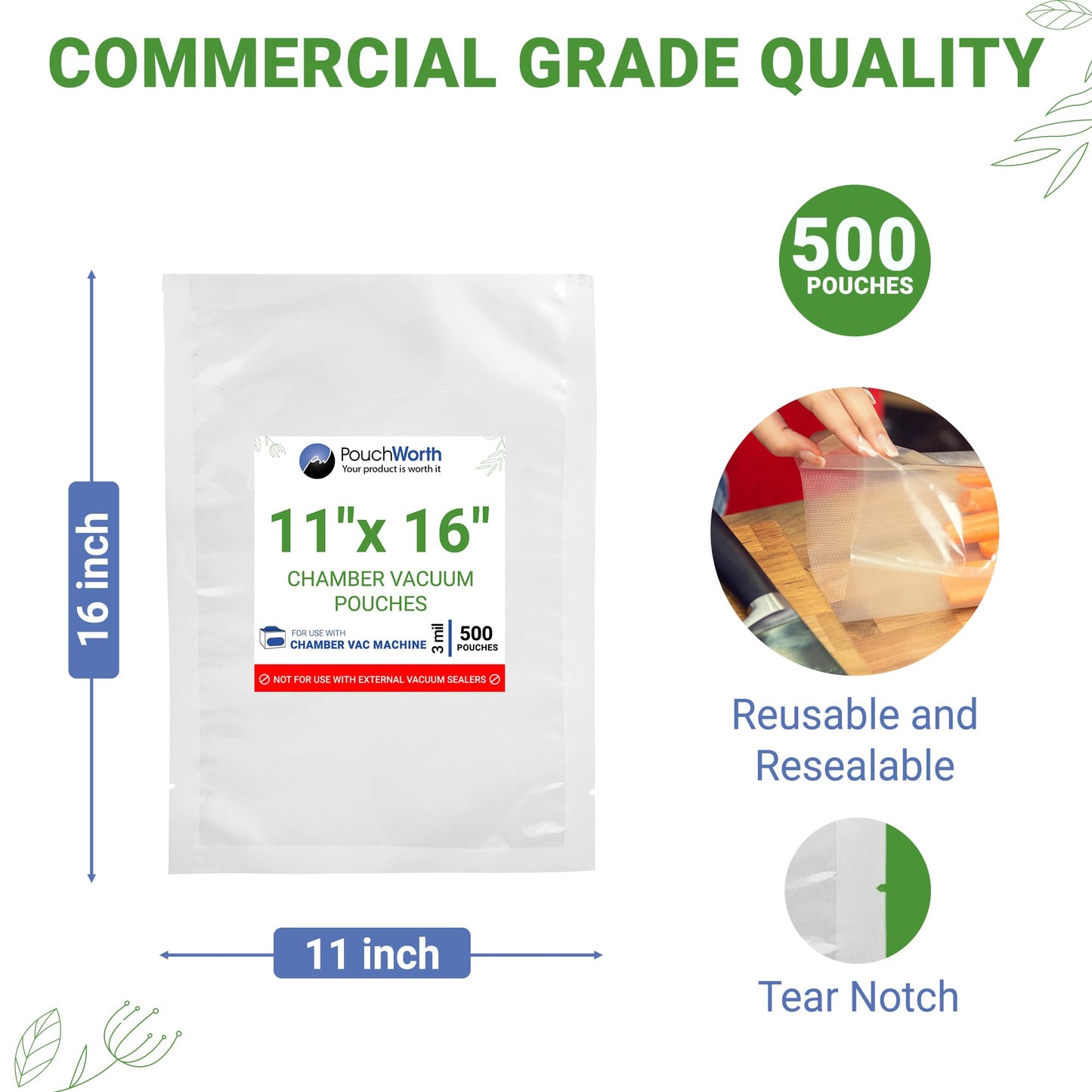 PouchWorth 500 pcs Clear 11" x 16", 3 mil Chamber Machine Pouches, Pre-Cut Chamber Vacuum Sealer Bags, Heavy Duty Seal Pouch, BPA-Free Chamber Sealer Bags with Tear Notch
