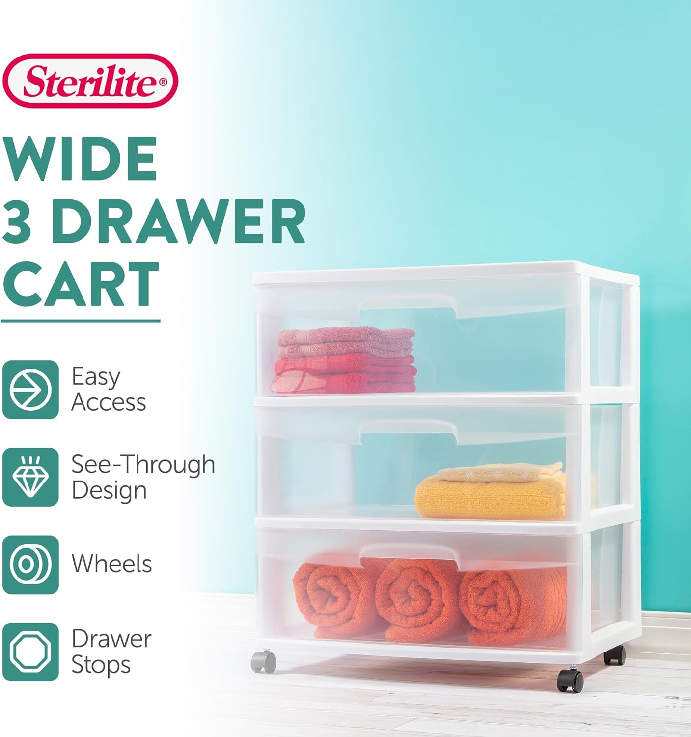 Sterilite Wide 3 Drawer Storage Cart - Rolling Plastic Organizer with Wheels | White & Clear Drawers