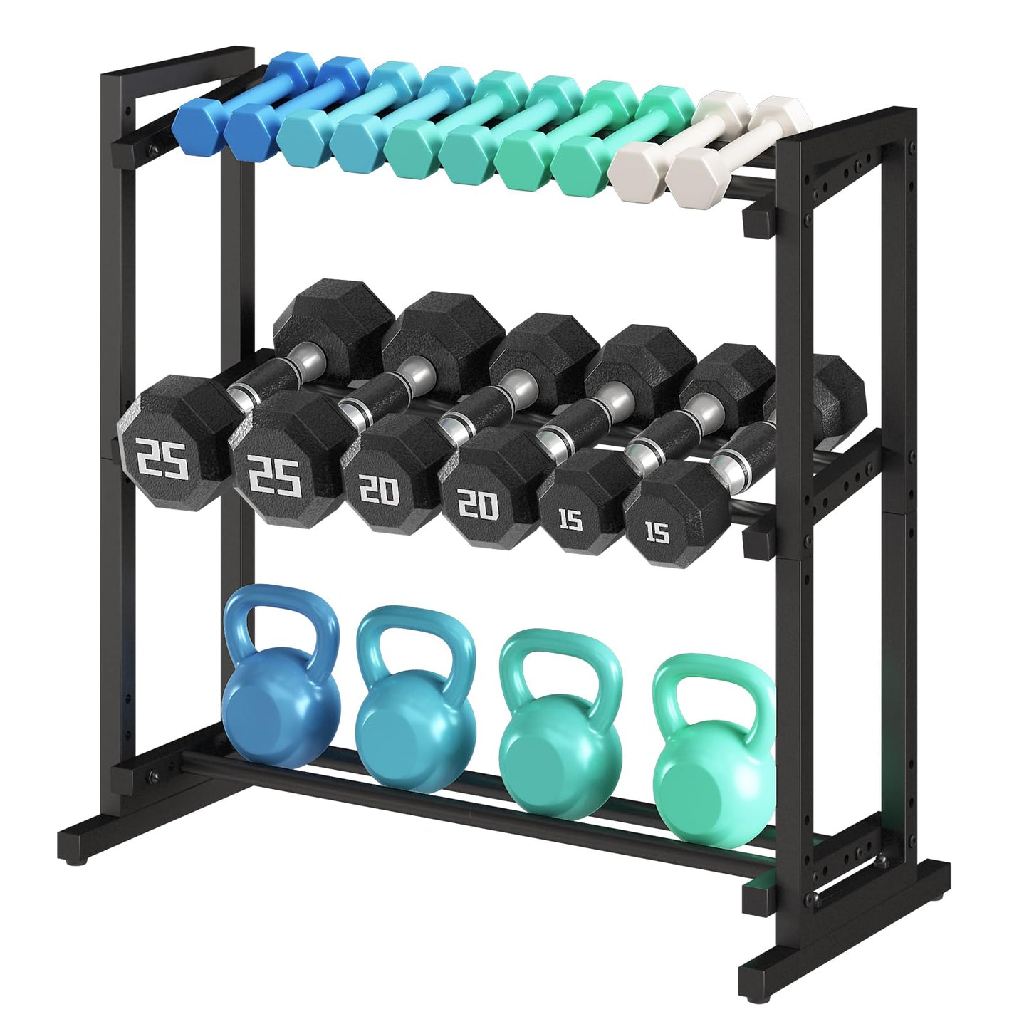 Kificet 3 Tier Adjustable Dumbbell Rack, 33.6-Inch Weight Rack for Home Gym, Extended Base kettlebell holder for Home Gym, Space-Saving Dumbbell Stand - 900LBS Capacity (Rack Only)