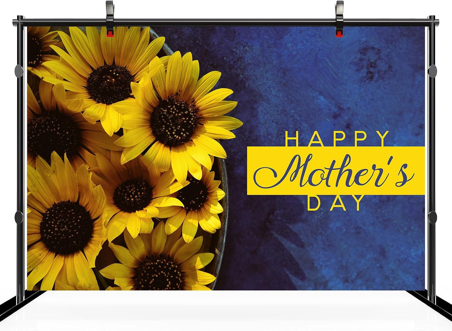 CHNYWORK 8ftx6ft Happy Mother's Day Backdrop Bouquet of Sunflowers with Happy Mother's Day Greeting Words on A Blue