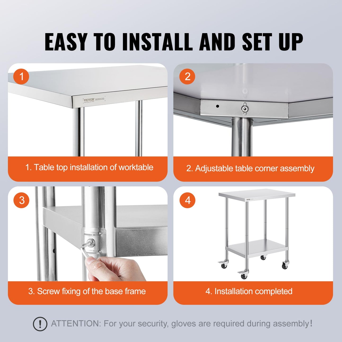 VEVOR Stainless Steel Work Table 24 x 30 x 38 Inch, with 4 Wheels, 3 Adjustable Height Levels, Heavy Duty Food Prep Worktable for Commercial Kitchen Restaurant, Silver