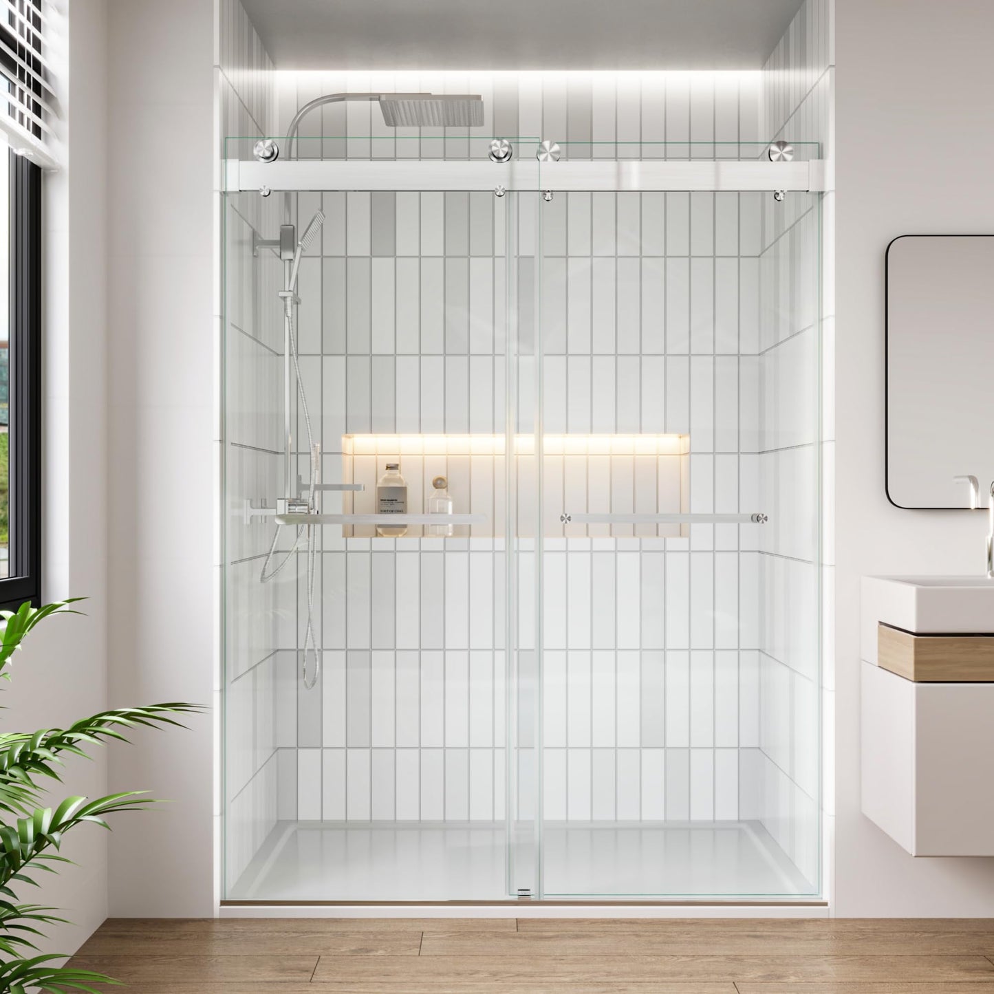 FEKEWIO Soft Close Shower Doors 56-60" W x 76" H Double Sliding 3/8"(10mm) Clear Tempered SGCC Shatterproof Glass Frameless Width Adjustable Easy Clean Stainless Steel Hardware, DS13- Brushed Nickel