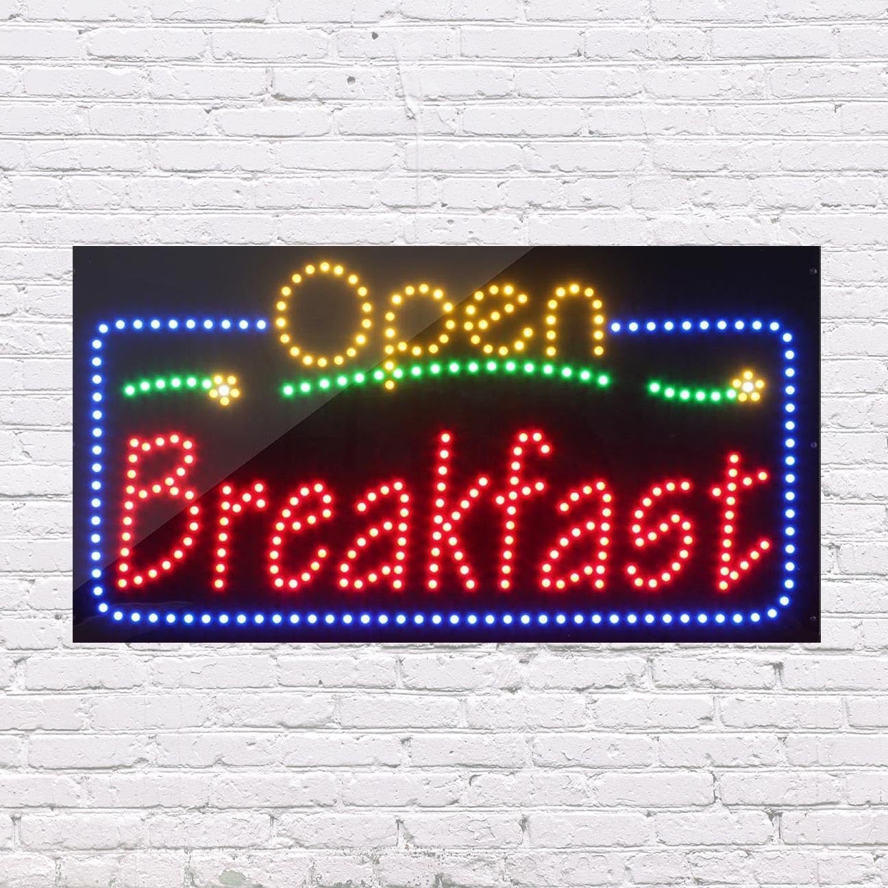 LED Open Breakfast Sign for Retail Business Displays |Advertising Electronic Light Up Sign for Windows Walls | 17"h x 31"w x 1"d
