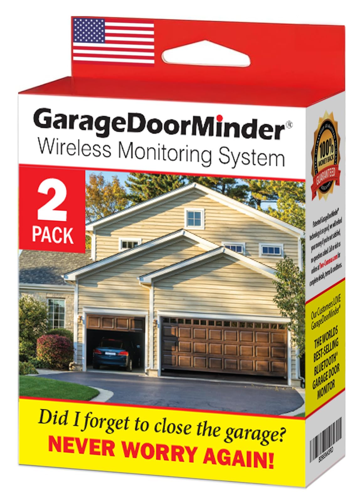 Garage Door Minder® 2 Door + 2 Room Combo Pack. 100% Wireless. No Wi-Fi. in-Home Monitor & Alert System. Installs in 2 Minutes. Great for Seniors. Monitors 2 Individual Doors.