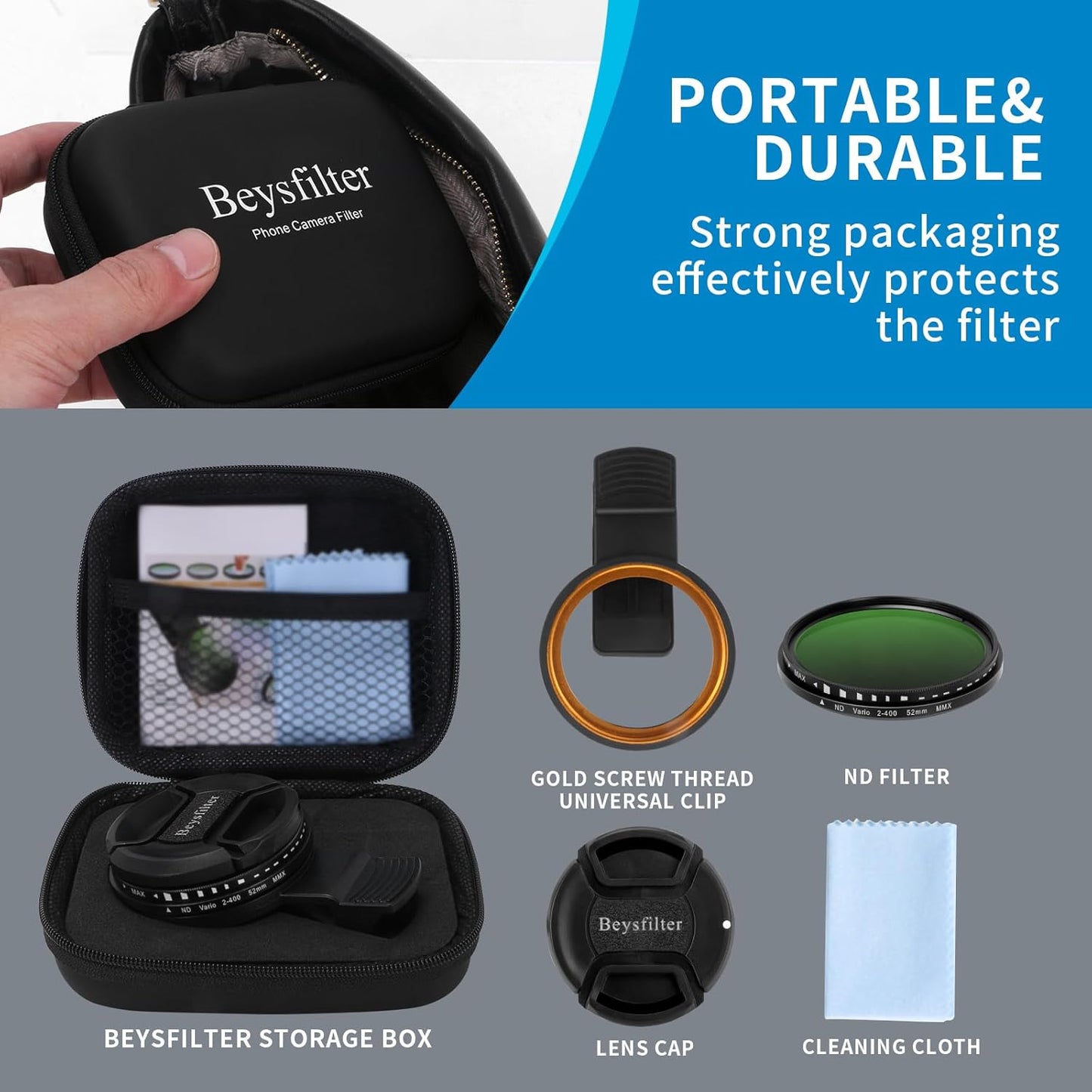 Beysfilter 52MM ND2-ND400 16/15/14/13 Phone Variable Filter, Multi-Coating Clip Adjustable Neutral Density Lens Kit