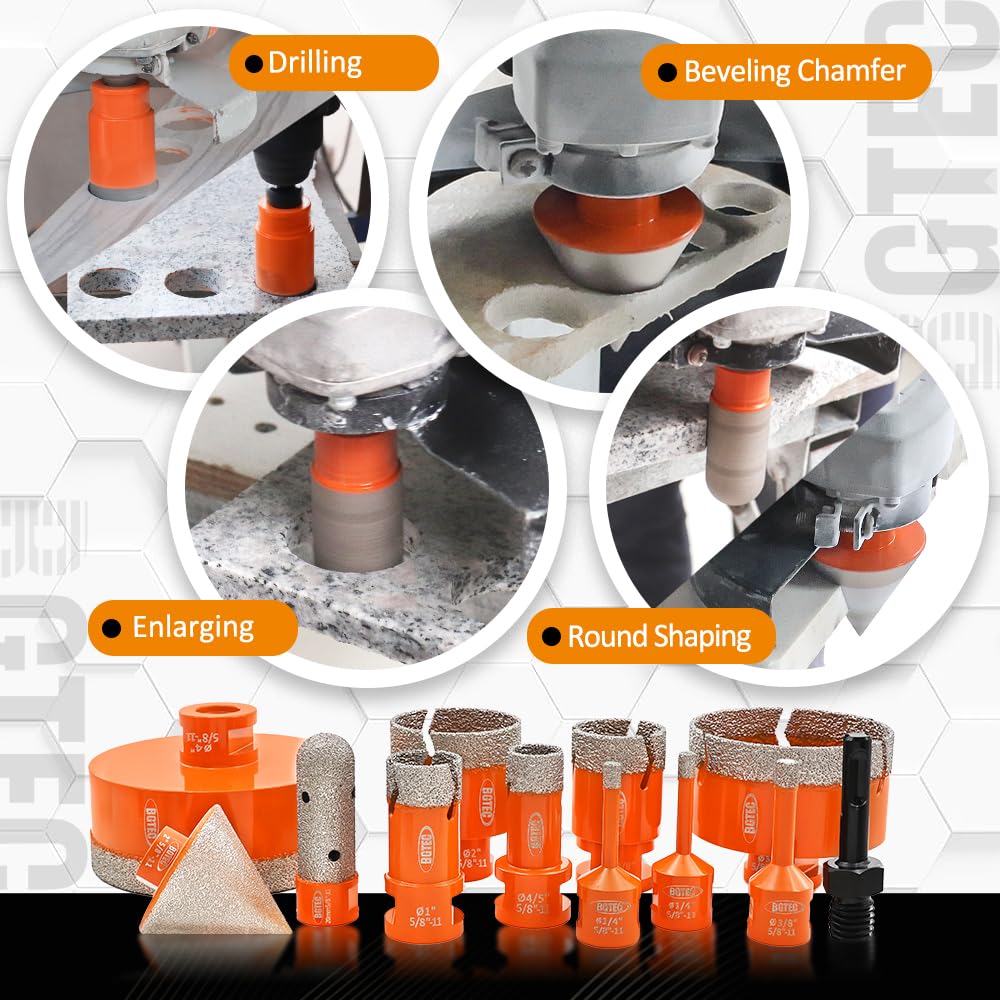 BGTEC Diamond Hole Saw Kit Marsonry Drill Bits,5/8-11 Thread 12pcs 6/6/8/20/25/35/50/75/100mm Drill Bits+20mm Milling Finger Bit+2" chamfering Bit+SDS for Granite Marble Porcelain Tile Ceramic