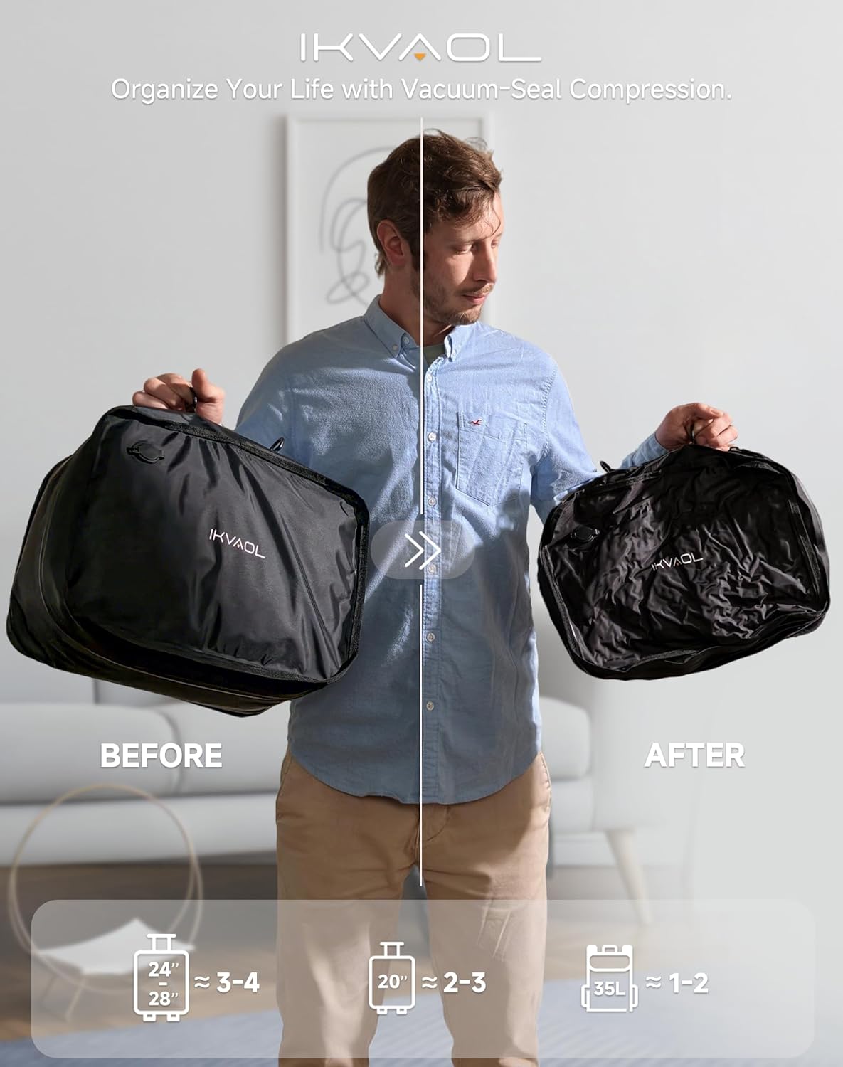 Skiennix Vacuum Bags - Reusable Compression Packing Cubes for Travel | Waterproof, 2-Pack (Black)