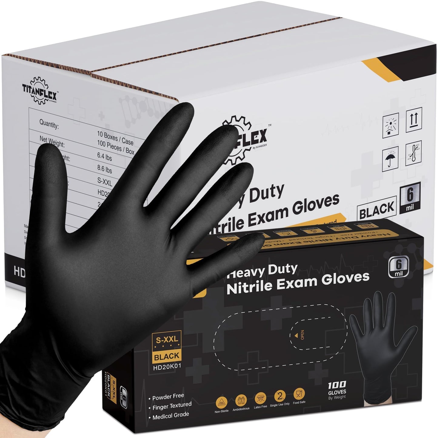 TitanFlex Disposable Nitrile Exam Gloves, 6-mil, Black, XL 1000-ct Case, Heavy Duty Disposable Gloves, Cooking, Mechanic, Latex Free, Food Safe