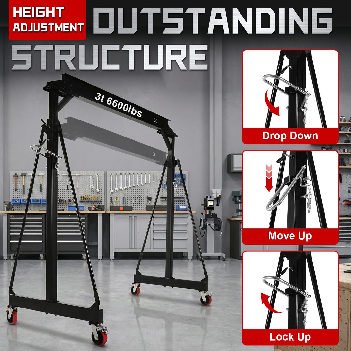 3 Ton 6600 LBS Gantry Crane, Portable Shop Hoist with Wheels, Adjustable Height 8.5-12.5 FT, Heavy Duty Steel I-Beam Gantry Crane with Trolley for Warehouse, Factory, Auto Repair & Construction