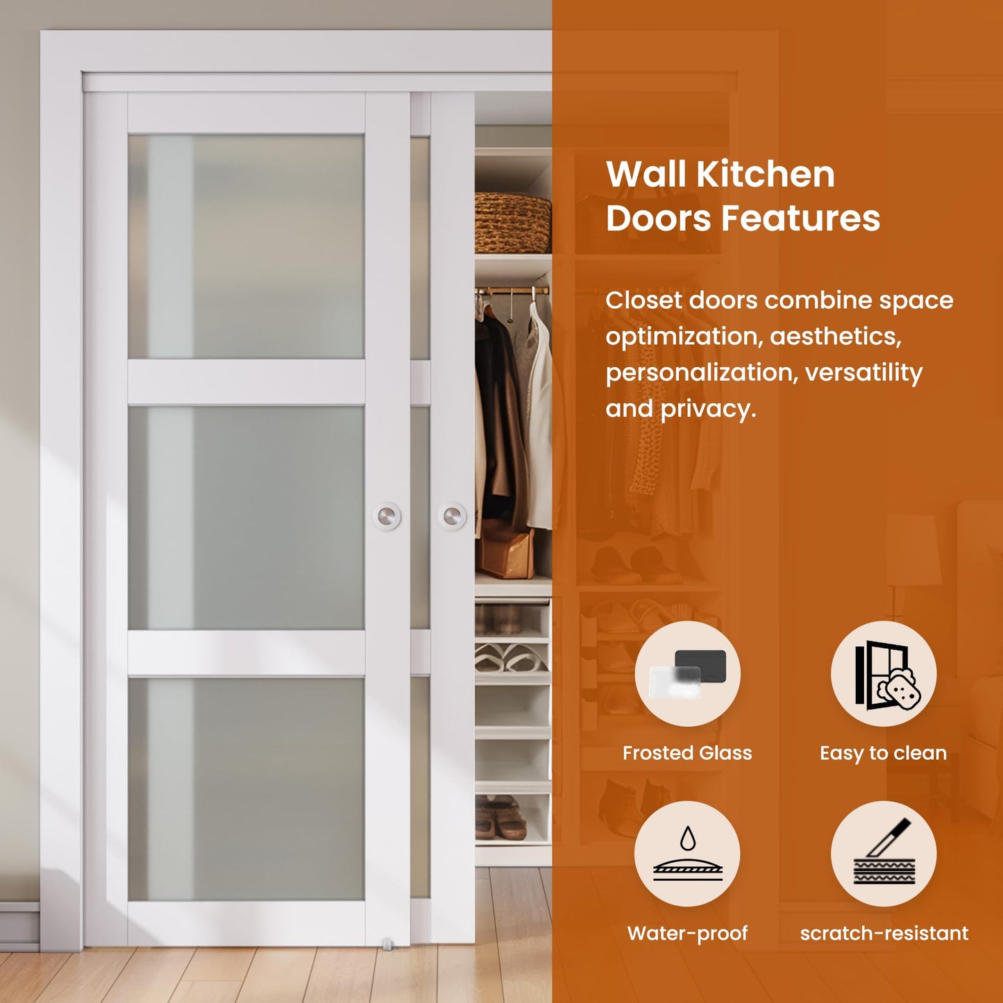 SMARTSTANDARD Sliding Closet Door, 64"×80"(Double Barn Doors 33"), Double Frosted 3 Panel Glass Sliding Door with Hardware Kit, Pre-Drilled Door Panel, Need to Assemble, MDF with PVC Surface, White