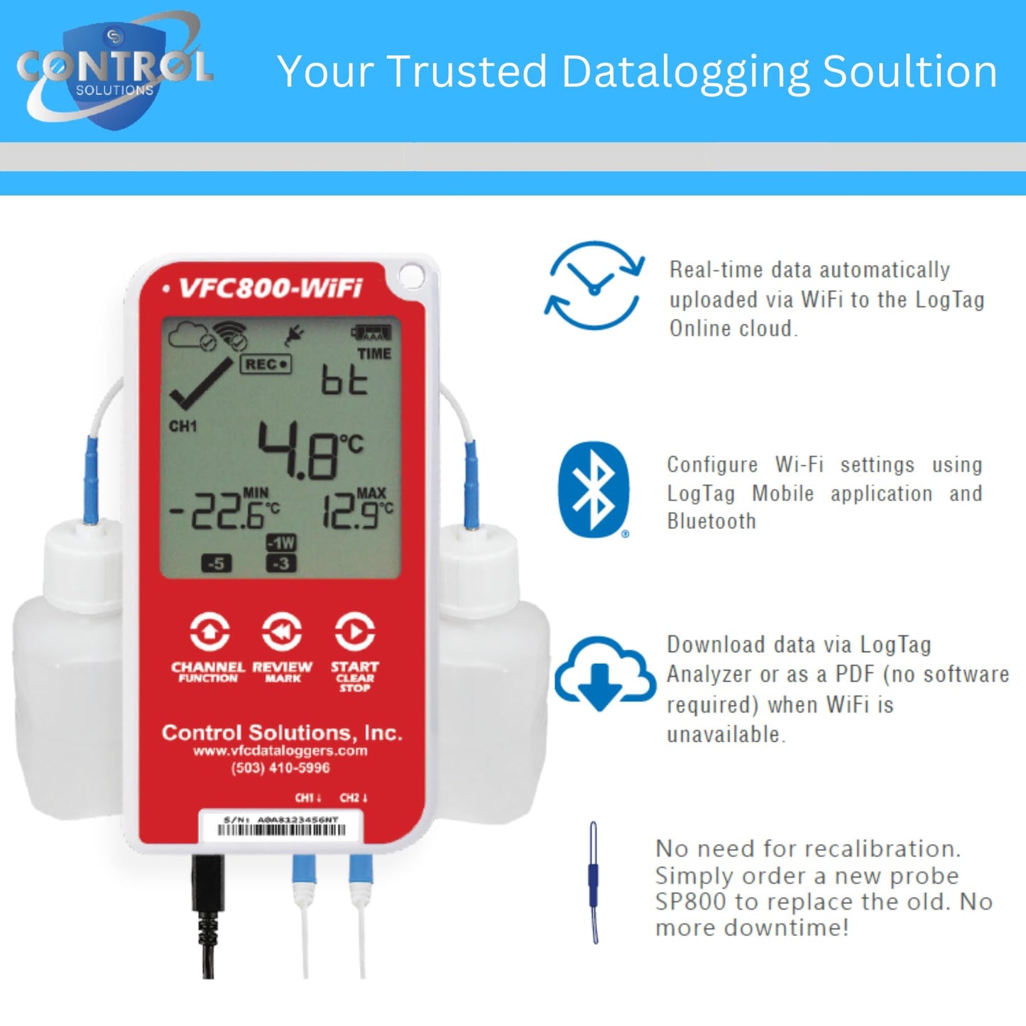 Control Solutions VFC800 Temperature Data Logger (VFC800-WiFi 10Ft Kit)