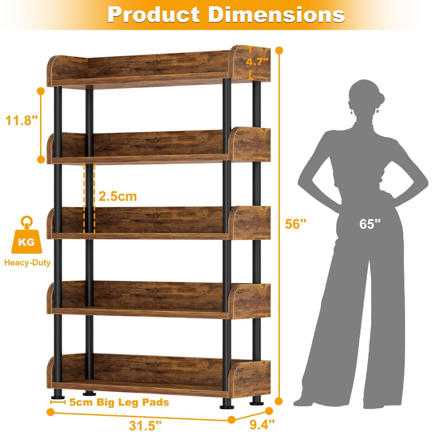 Aheaplus 5-Tier Tall Open Bookshelf, 31.5" Modern Display Bookcase with Top Edge and Pipe Metal Frame, Industrial Standing Book Shelves Metal Storage Rack for Living Room, Home Office, Rustic Brown