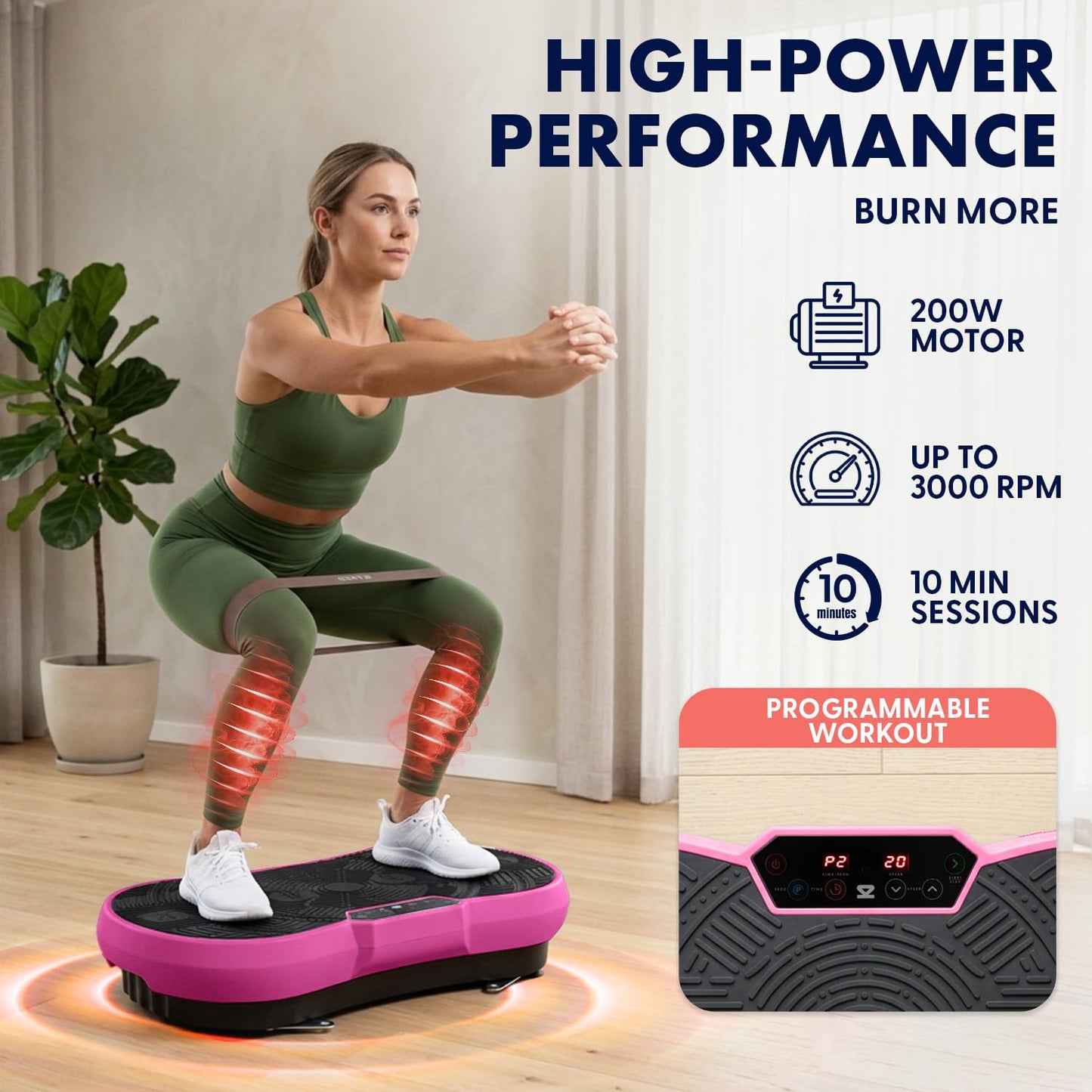 SQUATZ Vibration Plate Exercise Machine | Low-Impact Full Body Vibrator Plate with 99 Speed Levels & 9 Preset Programs | Resistance Bands & Remote Included | 265 lb Capacity | For Home & Office | Pink