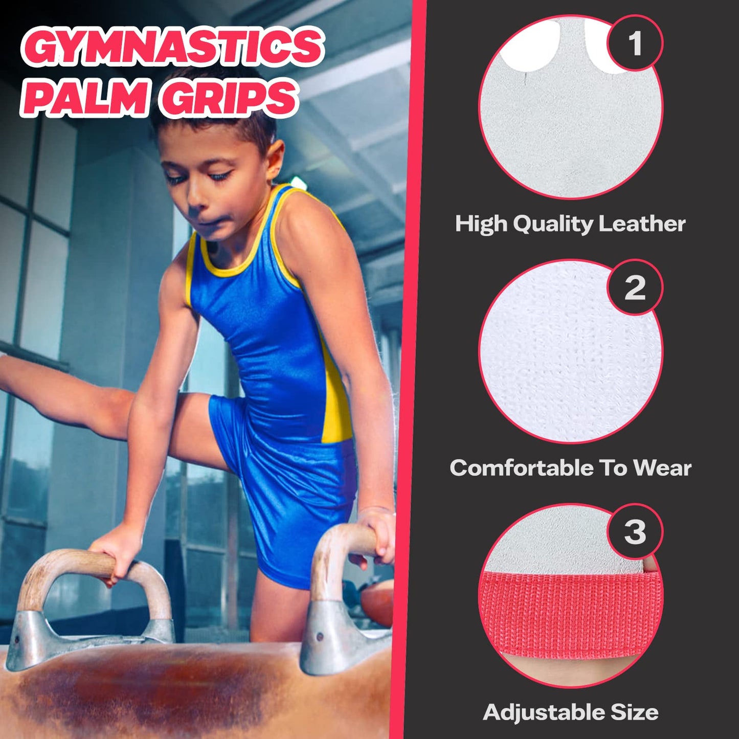 SAWANS Leather Palm Hand Grips Gymnastic Pull-up Training Palm Protector for Kids Children Wrist Straps Workout Strong Support Heavy Duty Junior Palm Protection Equipment Fitness (Pink White, M)
