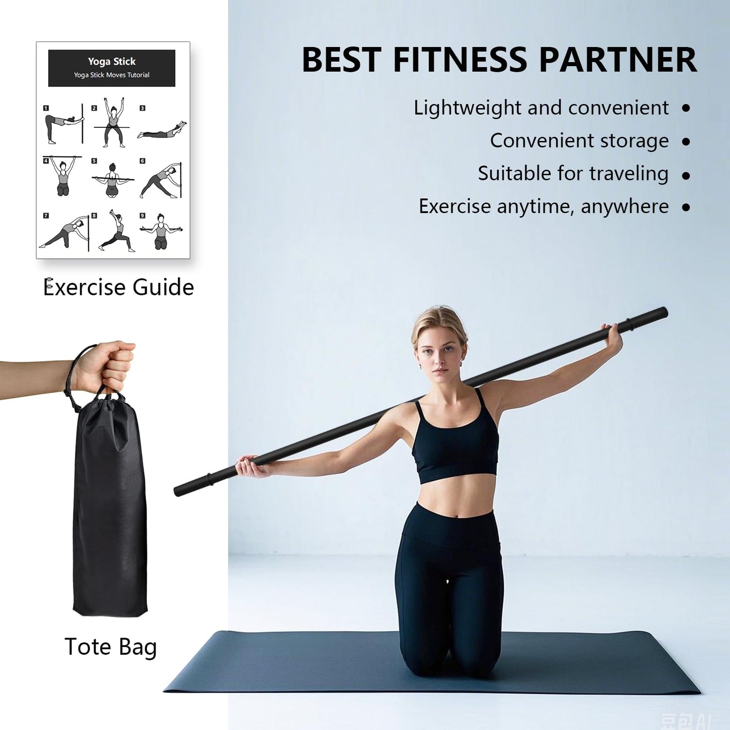 Wasoyun Yoga Stick 5ft, Adjustable Stretching Stick with 4 Steel Rods, Non-Slip Handle and Exercise Guide for Stretching and Exercise Physical Therapy, Pilates, Multi-Functional Fitness Stick.