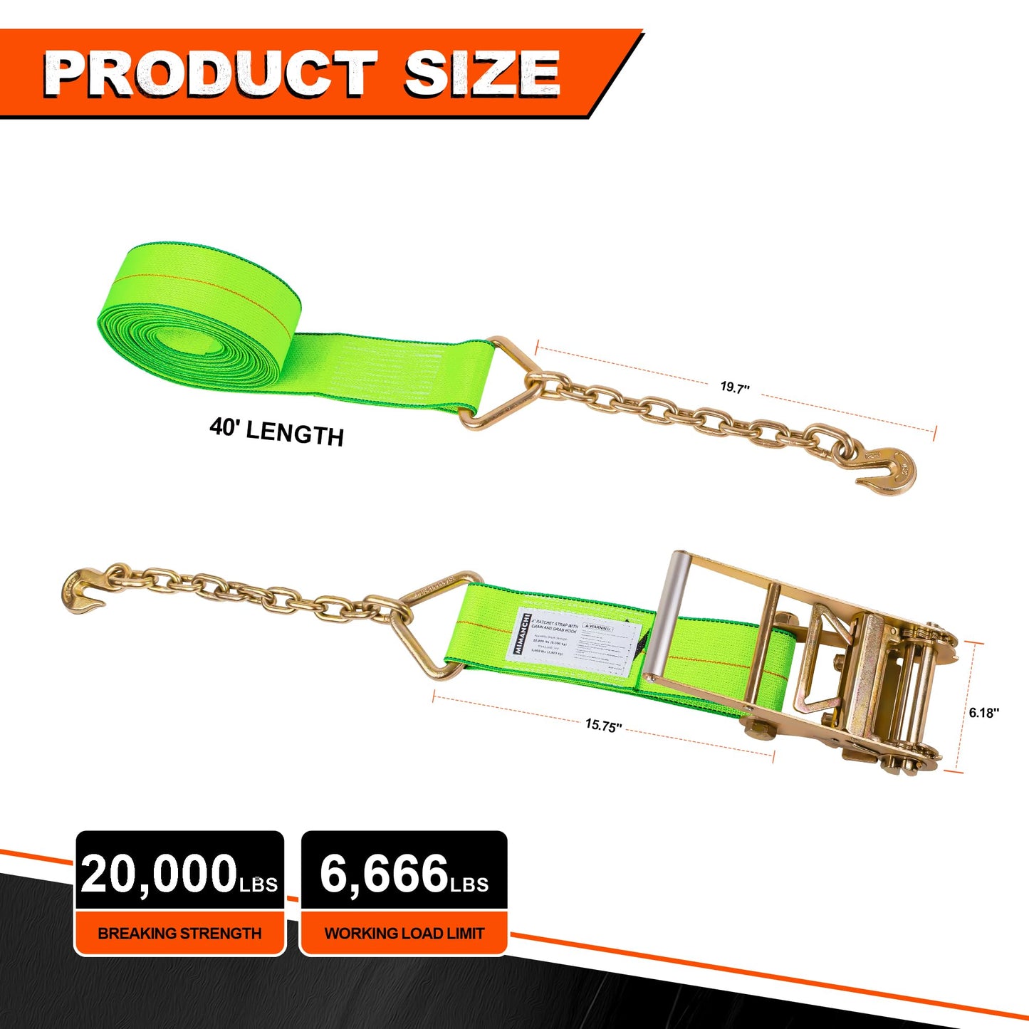 Mimanchi 4 inch 40 ft Ratchet Straps with Chain Extension Ends,2 Pack,Heavy Duty Tie Down Straps with Grade 70 Chain Hook, Flatbed Equipment for Trucks and Trailers Cargo Control