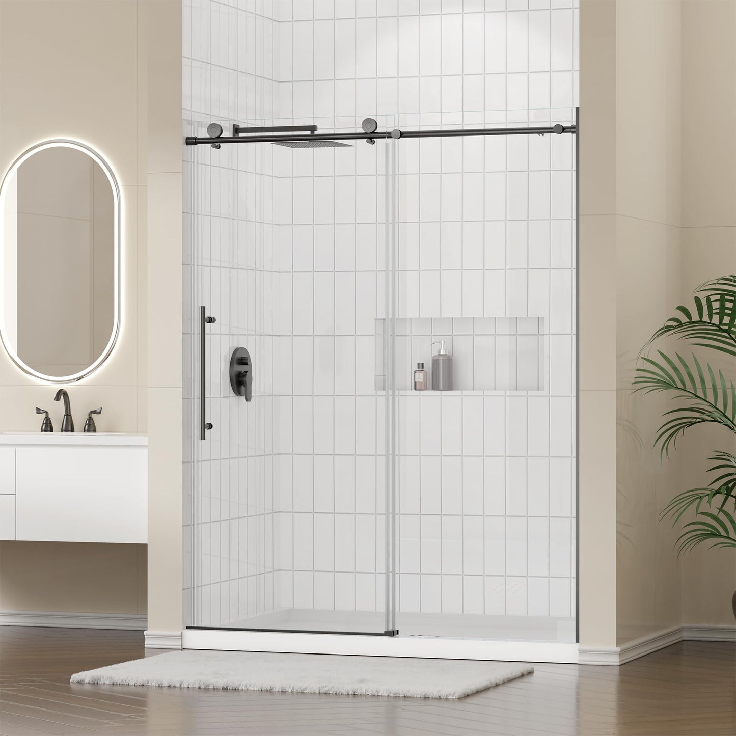 Frameless Sliding Shower Door 56-60 in W x 74 in H, Stainless Steel Frameless Shower Door with 5/16" (8mm) Clear Tempered Glass,Explosion-Proof Film, Silent Soft-Close Design,Matte Black