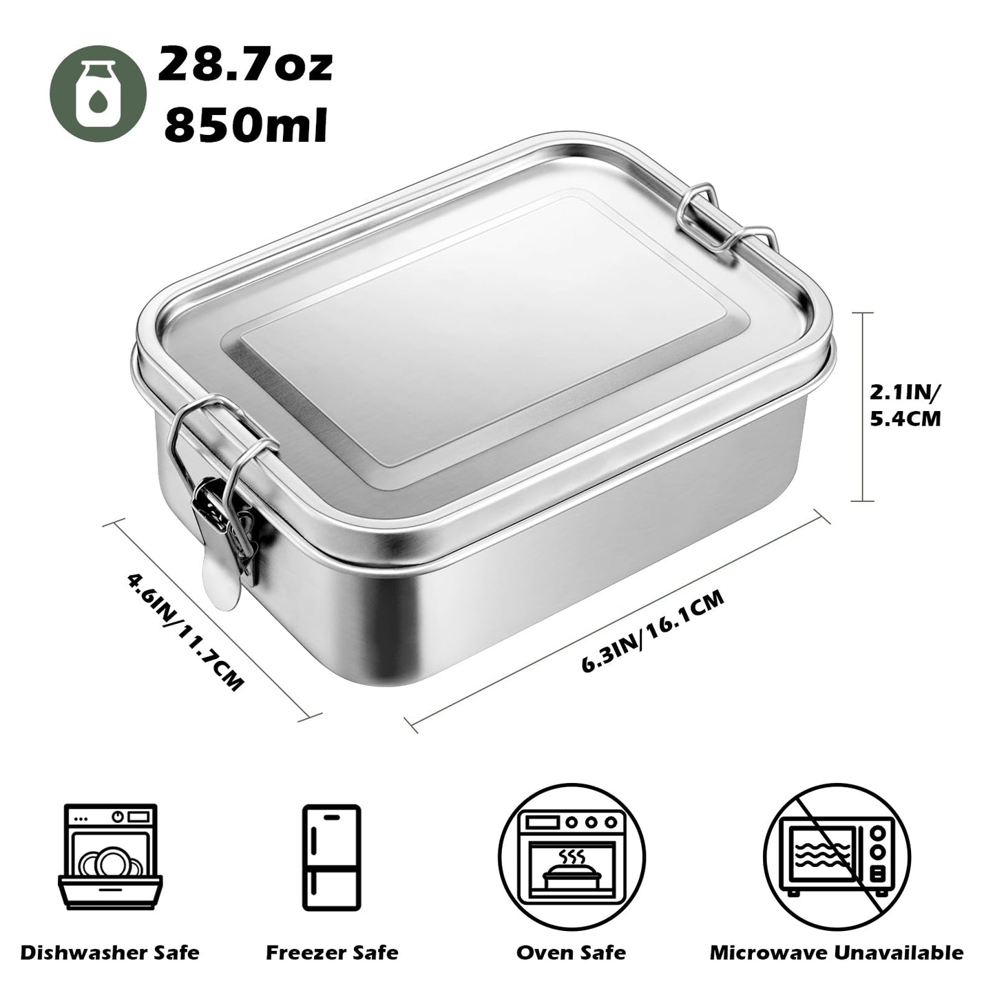 Leonyo 18/10 Stainless Steel Bento Box 28oz, 850ml Metal Lunch Box with Removable Divider, 3 Compartments Stainless Steel Food Snack Lunch Containers for Woman Man, Leak-Proof, Dishwasher Safe