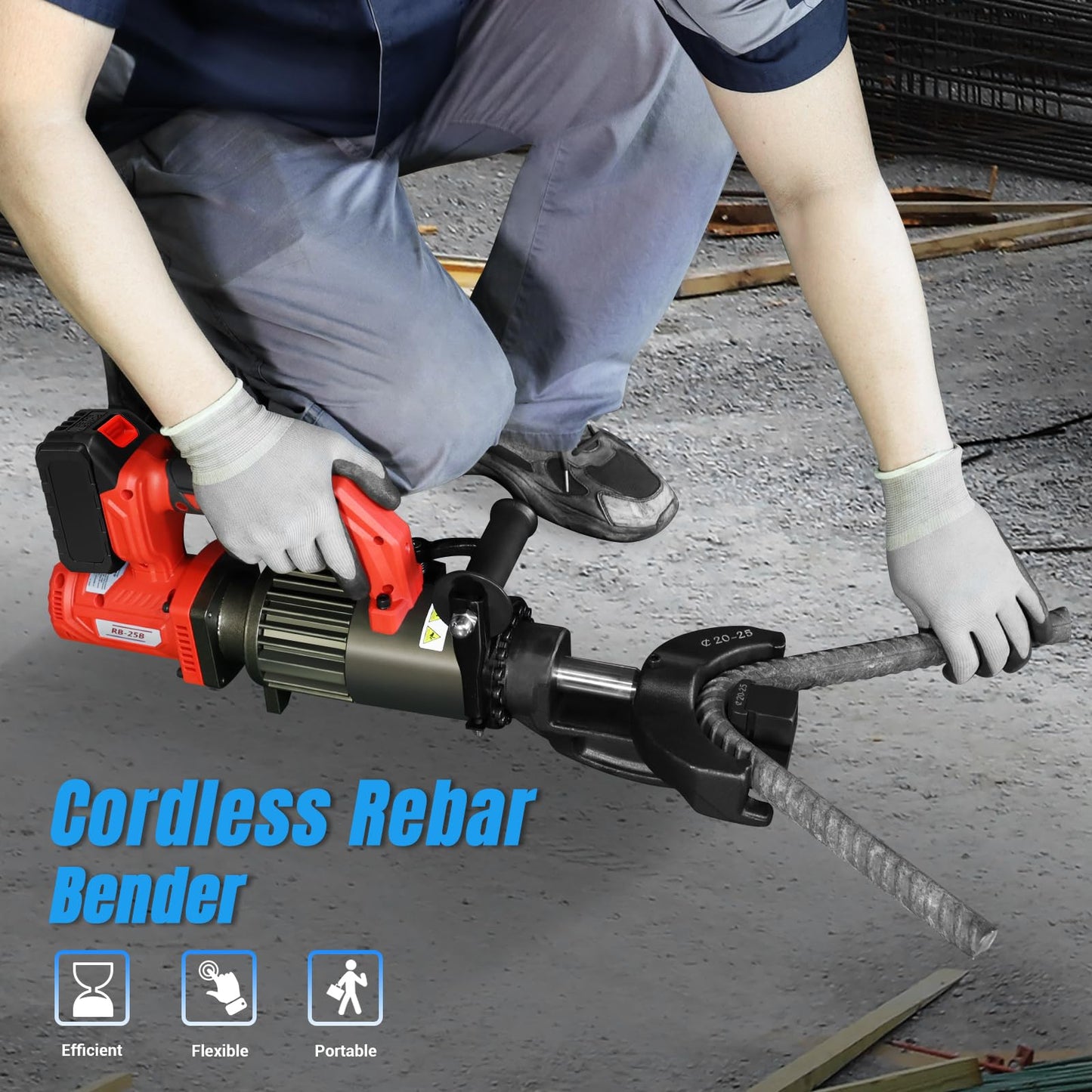 LOSCHEN Cordless Rebar Bender,Electric Hydraulic Rebar Bending Maching,Bending up to 1Inch 25mm #8 Rebar,Bending Angle 0-130 Degrees,Rechargeable Portable Handheld Rebar Bender Machine