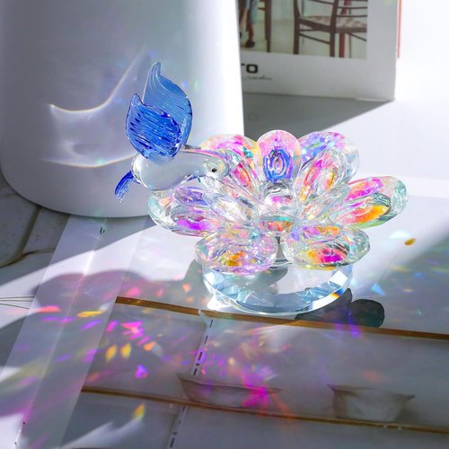 Movdyka Crystal Figurine - Blue Hummingbird Lotus Flower Decor | Elegant Glass Ornament for Home