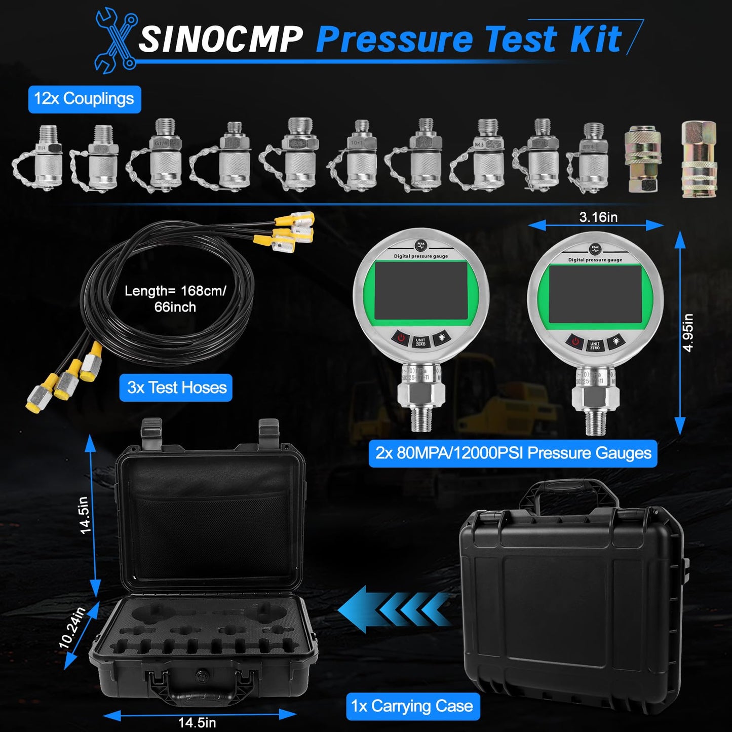 SINOCMP Digital Pressure Gauge Kit with 2 80MPA/12000PSI Pressure Gauges 3 Test Hoses and 12 Couplings Hydraulic Gas Water Pressure Test Kit with Backlight, 1 Year Warranty