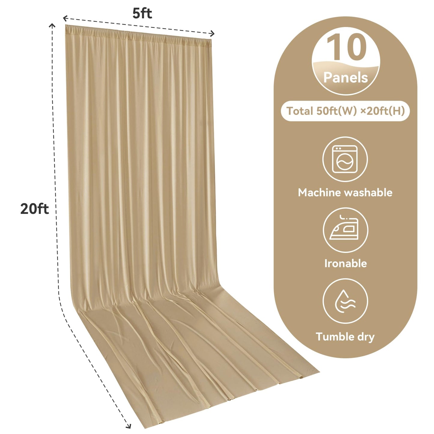 Htper 10 Panels 5x20ft Beige Ceiling Drapes for Wedding Parties, Wrinkle Free Thick Polyester 20ft Extra Long Wedding Draping Beige Ceiling Curtains Arch Drapery for Birthday Party Canopy Tent Decor