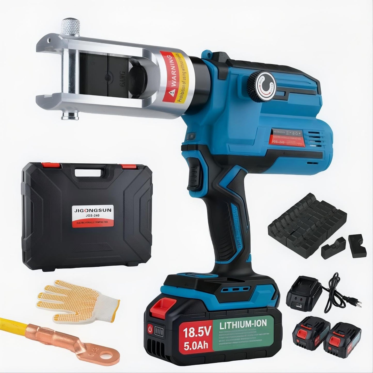 JIGONGSUN Electric Hydraulic Crimping Tool, Battery Cable Crimper Tool, 10 Ton Wire Crimpers Electrical, Rang 6AWG-600MCM and Electrical Wire Lugs Tool 12 Pairs of Dies (JGS-240)