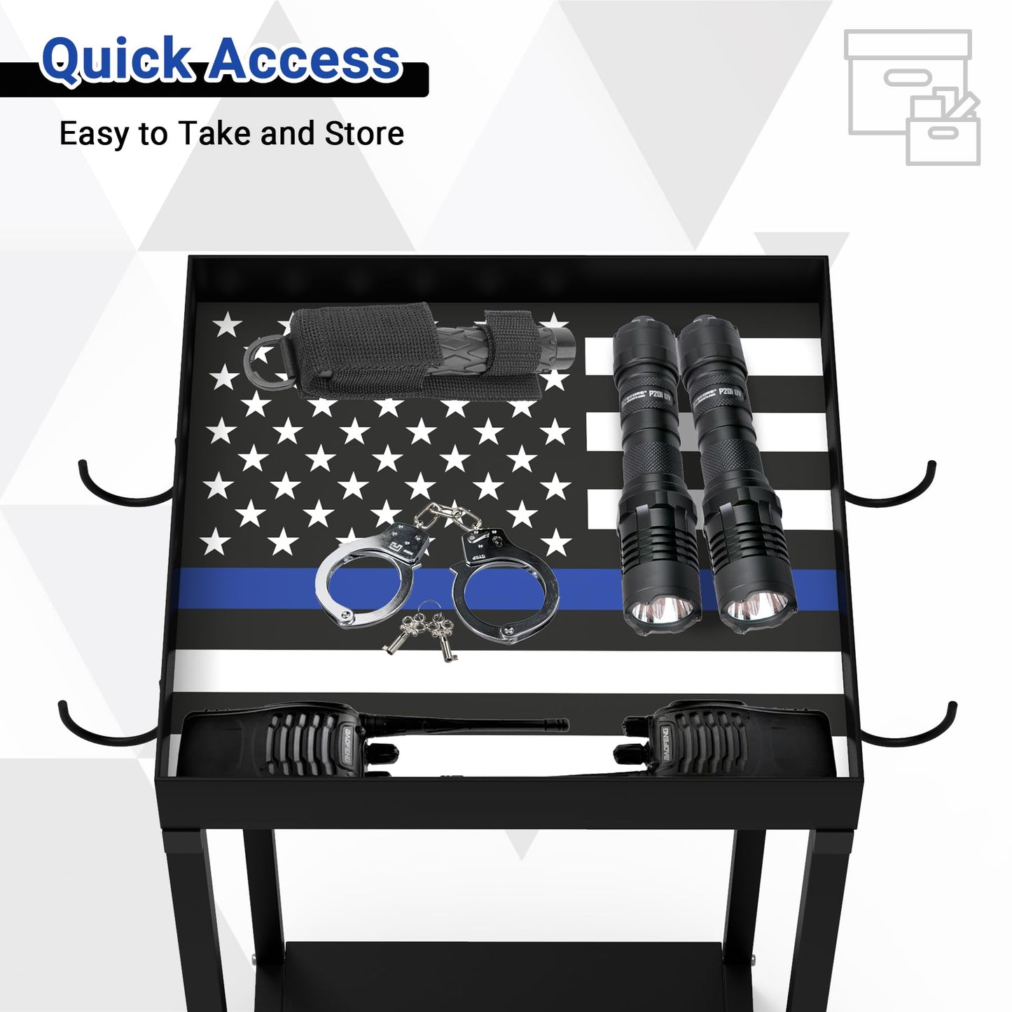 Neoaider Police Gear Stand 18” x 18” x 38”, Tactical Duty Gear Rack Decor with Thin Blue Line Flag, Black Police Hanger with 7 Hooks, Body Armor Stand for Police Gift