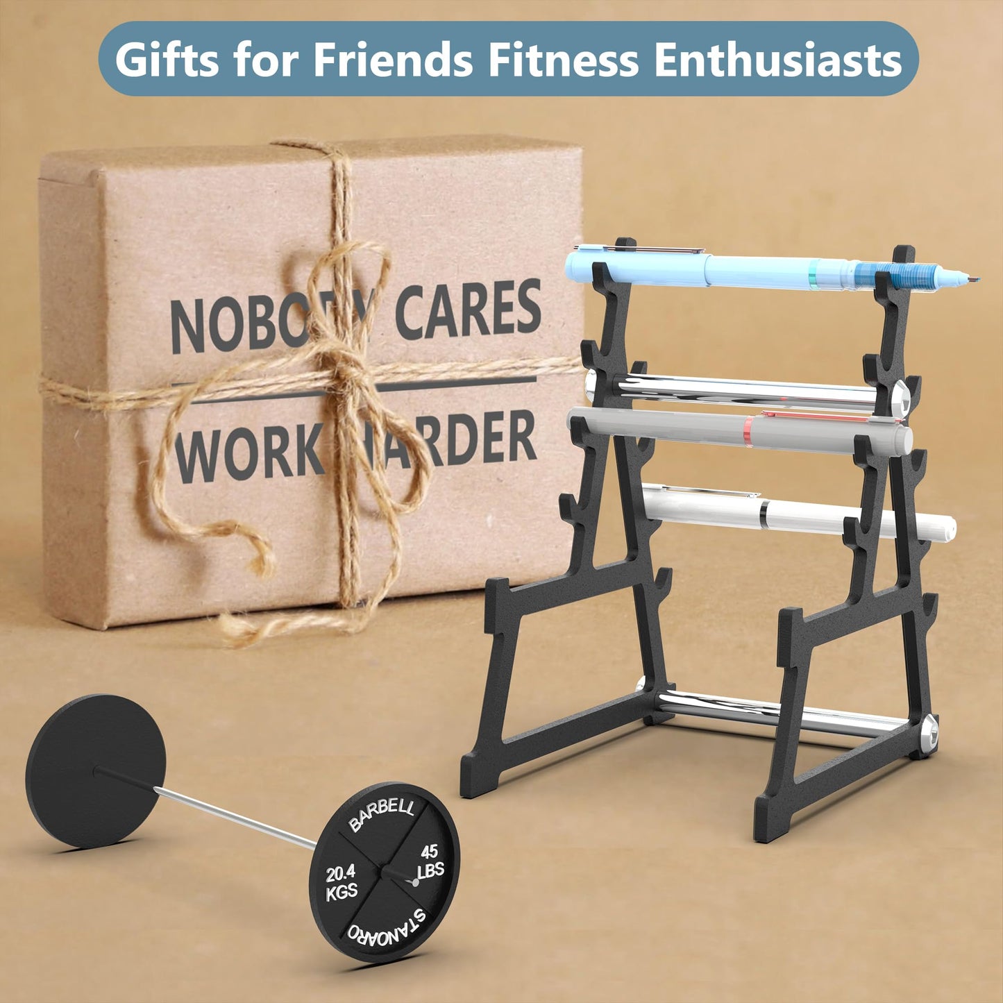 CAREMORA Metal Squat Rack Pen Holder with 8 Slots Mini Metal Barbell & Plastic Weight Blocks Holder Mini Barbell Desk Toy Funny Office Decor for Men Women Cool Pen Holder Gifts for Men (Black)