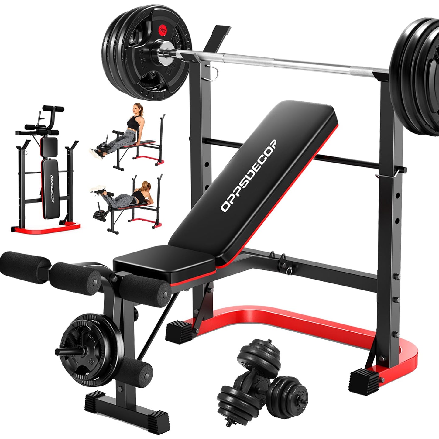 OPPSDECOR 6 in 1 Weight Bench Set with Leg Extension and Leg Curl, 660 LBS Adjustable Bench Press Set with Preacher Curl Pad, Foldable Workout Bench for Home Gym, Strength Training for Teens/Adults (Maroon)