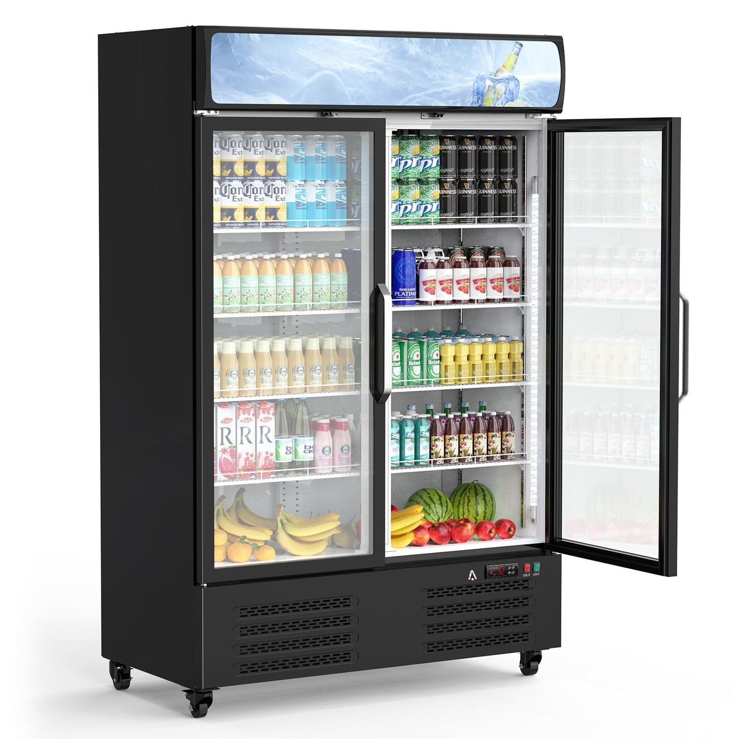 36.3 Cu.ft Commercial Beverage Refrigerator, Glass Door Upright Display Cooler, LED Light, Double Swing Doors, Adjustable Shelves, for Store, Restaurant, Bar, Office, Home