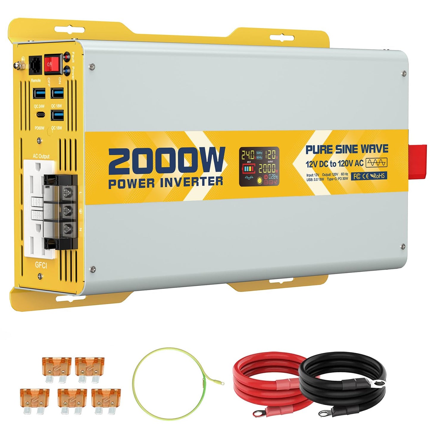 XWJNE 2000W Pure Sine Wave Power Inverter 24V DC to 120V GFCI AC Converter with LCD Display and Remote for Home, RV, Truck, Off-Grid Solar Power