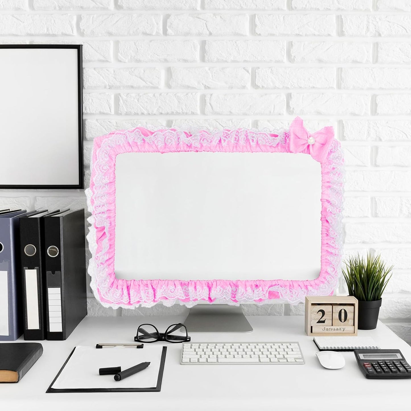 23"-27" Lovely Cute Computer Monitor Cover with Lovely Cute Elastic Pen Pocket Bow-knot TV LCD Screen Monitor