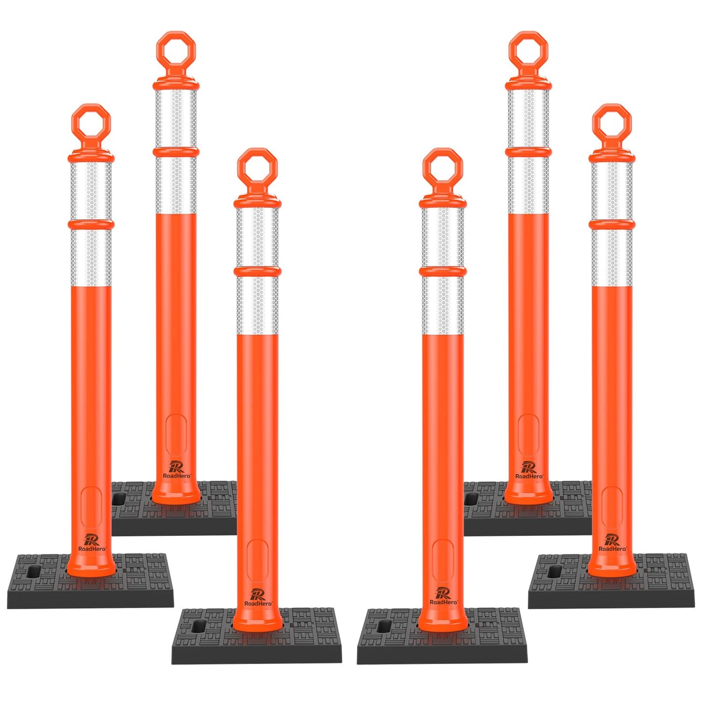 RoadHero 42 Inch Delineator Post with Base, Portable Orange Traffic Delineator Posts Cones with Reflective Collars for Parking Lots, Road Safety, Construction Events (6 Pack)