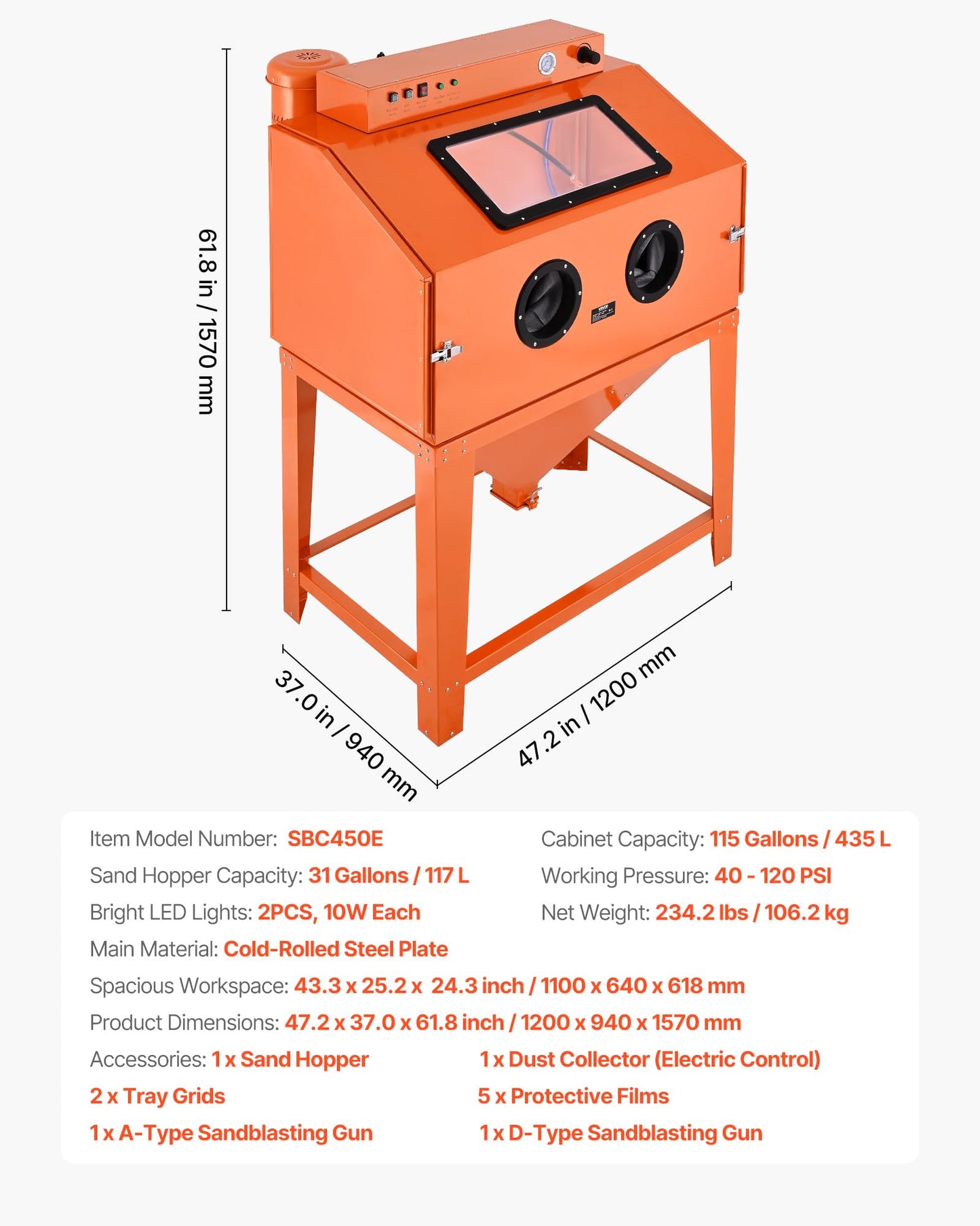 VEVOR Heavy Duty Sandblasting Cabinet Kit, Industrial-Grade Steel Sand Blasting Cabinet with Dual Blasting Guns & 1.6HP Dust Collector for Oversized Parts Surface Finishing, Rust Removal