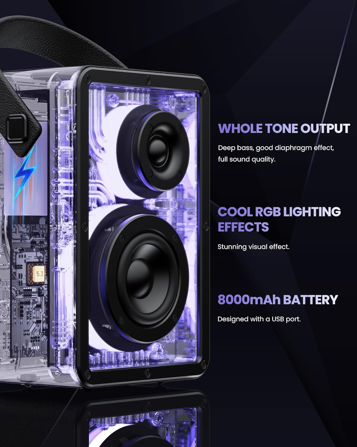 Raymate 80W Subwoofer-V5.3, 15H 8000mAh Bluetooth Speakers Wireless, Speakers with HiFi Stereo Sound, Rhythmic Lighting