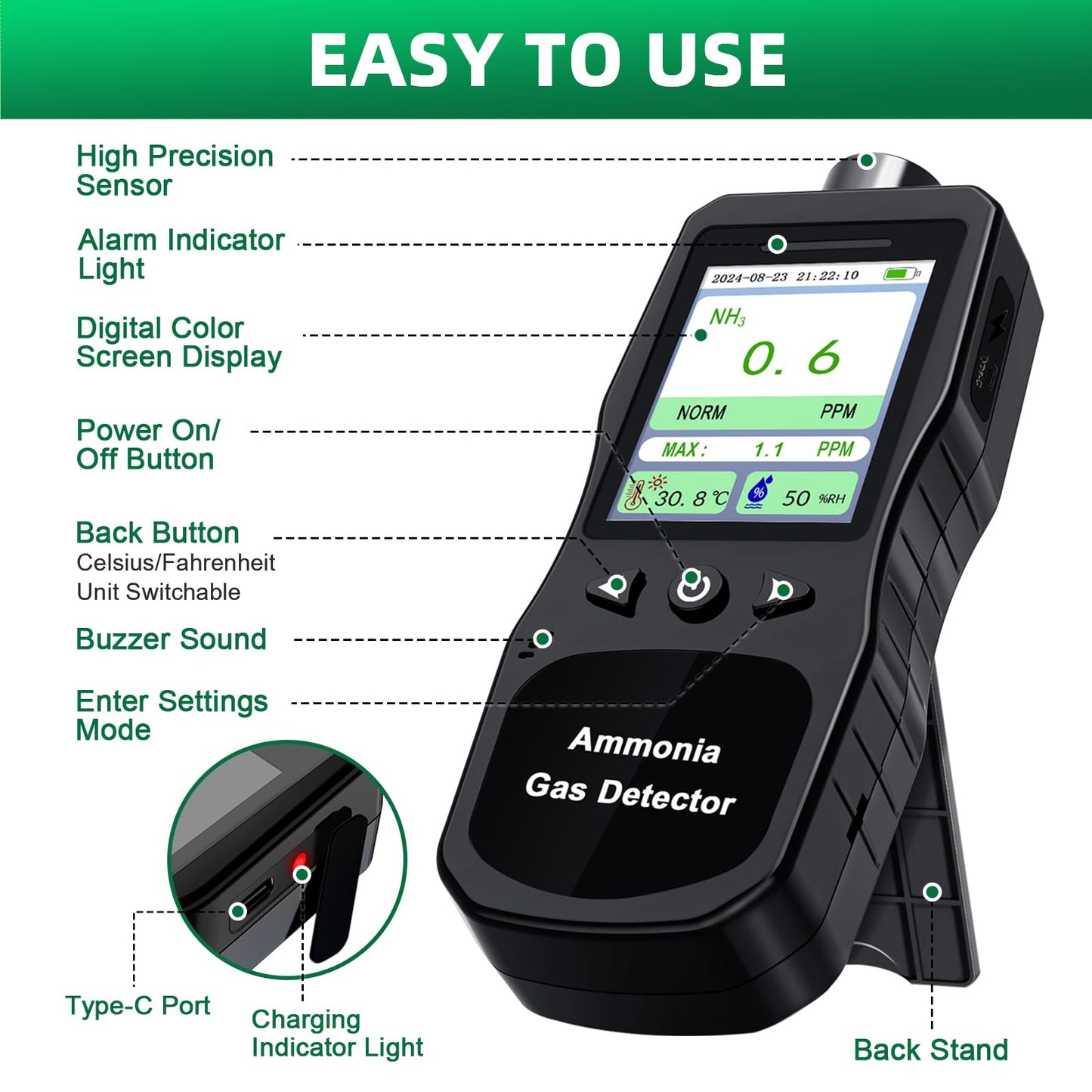 ZYKYCX Portable Ammonia Gas Detector, 0-200 PPM Rechargeable Ammonia Gas Monitor, Digital Air Quality NH3 Gas Meter with Temperature Humidity Tester for Farm, Poultry, Pig & Livestock