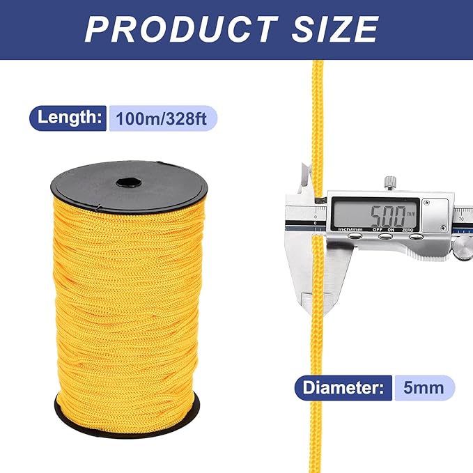 MECCANIXITY 3/16 Inch Polypropylene Rope Braided Ropes, 328ft Nylon Rope Hollow Utility Cord for Clothesline, Camping, Hiking, Outdoor, Light Yellow