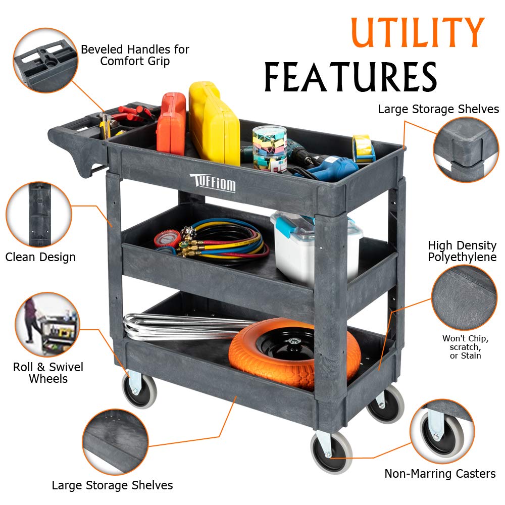TUFFIOM Plastic Service Utility Cart with Wheels, 550lbs Capacity, Heavy Duty Tub W/Deep Shelves, Multipurpose Rolling 3-Tier Mobile Storage Organizer, for Warehouse Garage Industrial Cart