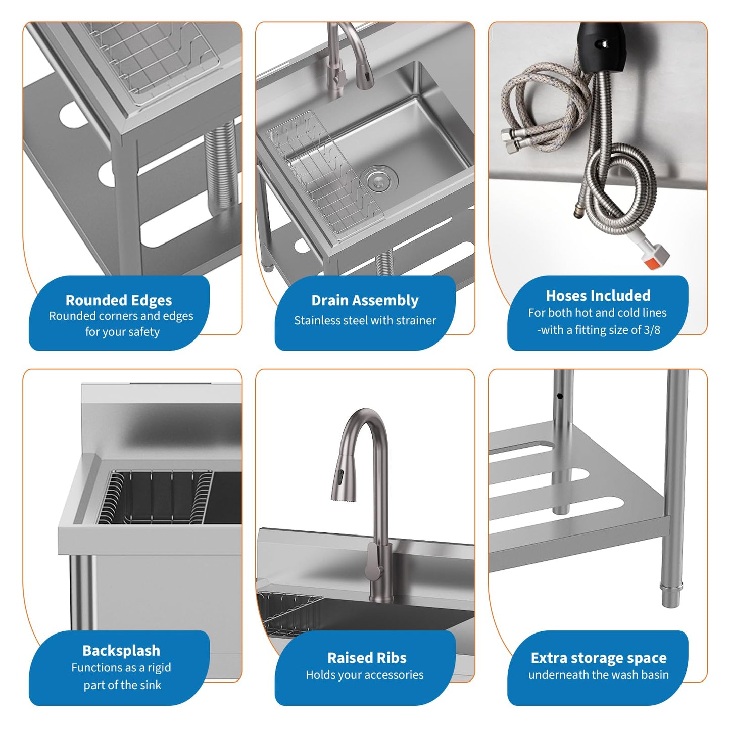 Commercial Stainless Steel Utility Sink with Drainboard, Freestanding Single Bowl Prep Sink with Work Table & Pull-Out Faucet, for Restaurant Kitchen, Garage, Outdoor