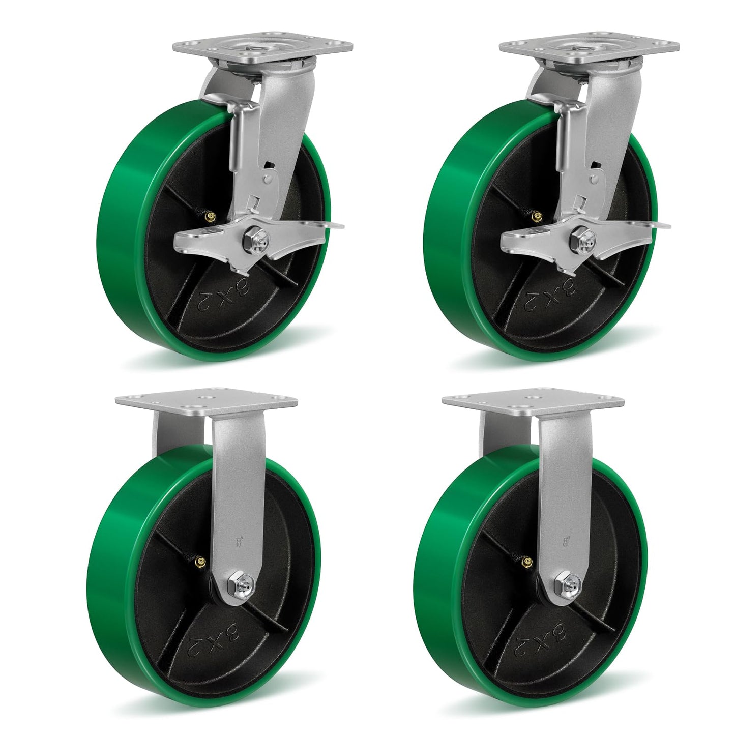 HANDSAMMU 8" Heavy Duty Casters, Casters Set of 4 Total Capacity 6000 lbs- Polyurethane on Steel Wheel, Industrial Casters for Carts Pallet Trucks(2 Brake & 2 Rigid)
