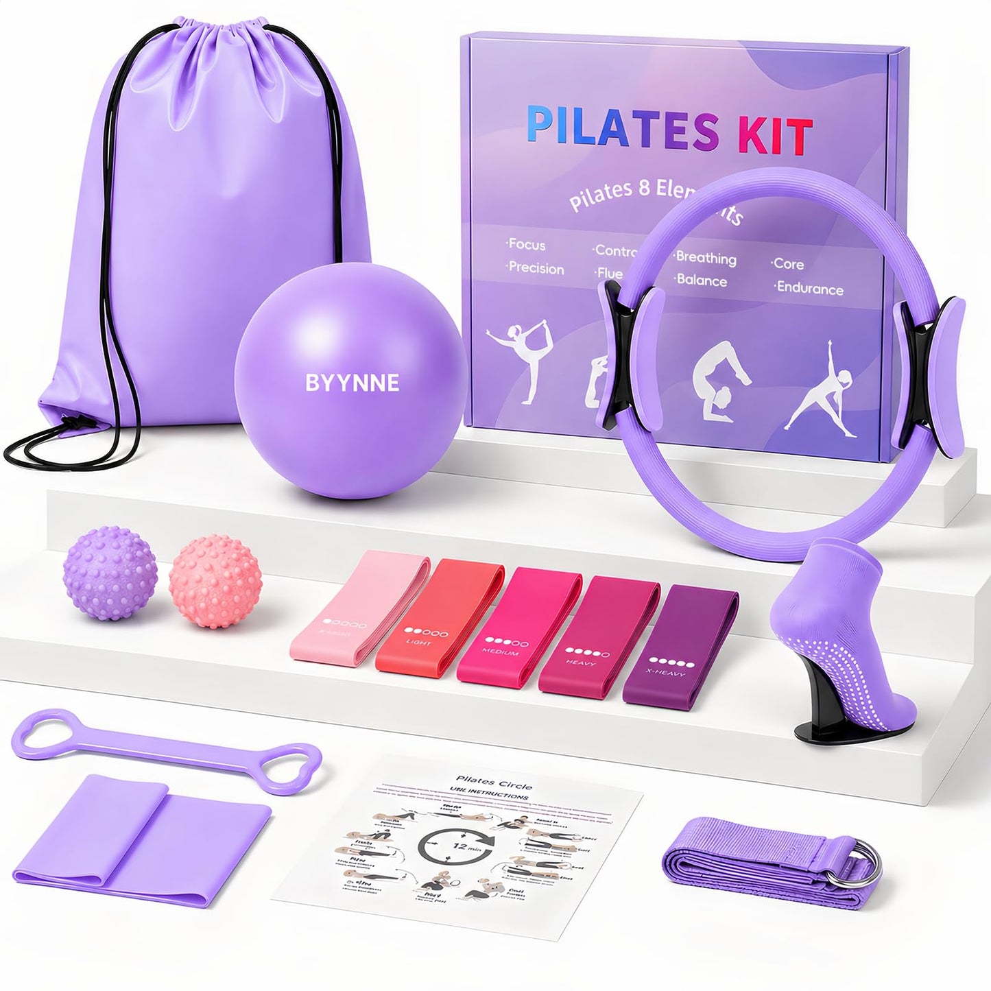 BYYNNE Home Pilates Kit for Women - 14 Pcs Pilates Equipment Set with Pilates Ring and Ball, 5 Resistance Bands Etc Accessories for Beginners Home Workouts - Includes Workout Guide (Purple)