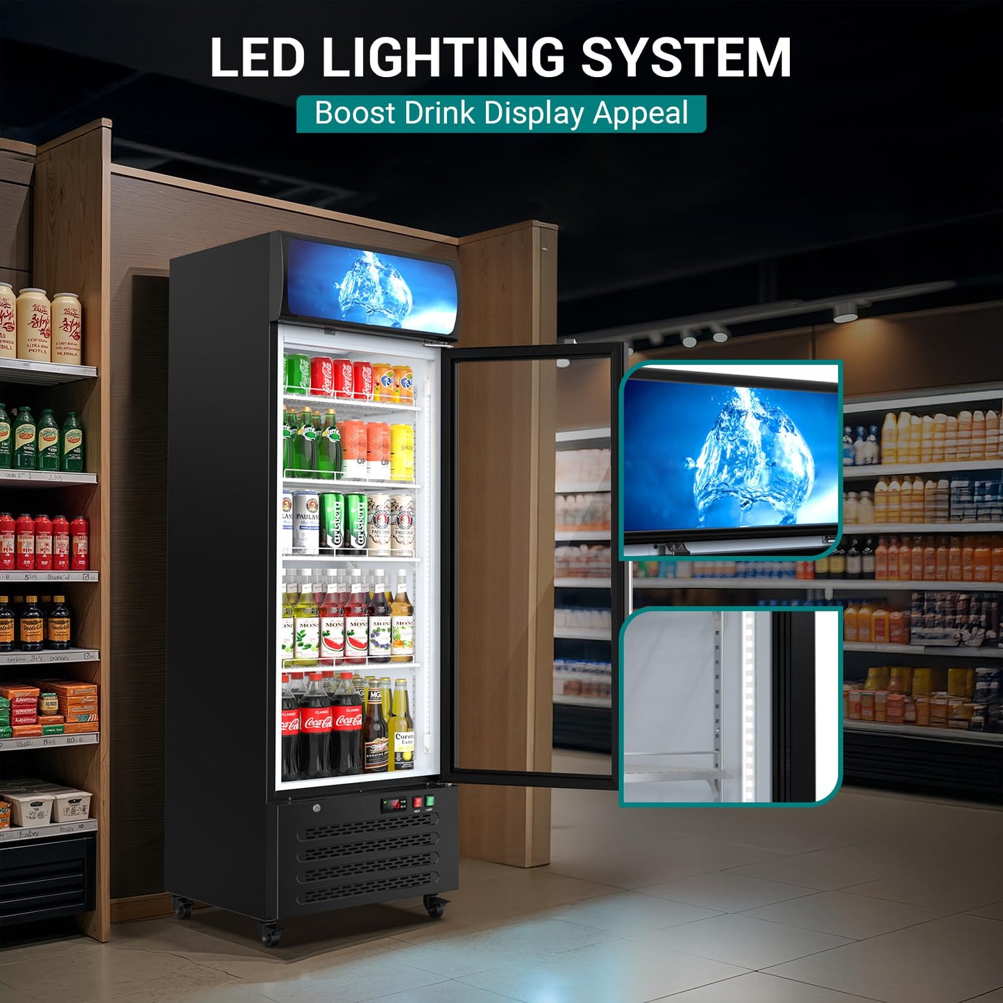 ETL & DOE Certified Commercial Beverage Refrigerator 14.8 Cu Ft, Commercial Display Fridge with Glass Door, Upright Merchandiser Refrigerator Cooler with Front LED Light for Stores, Restaurant, Office